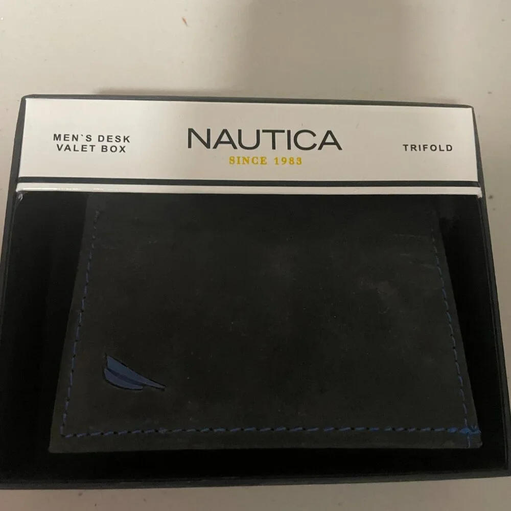 Nautica Soft Black Leather Men's Trifold Wallet New with Tags Suede